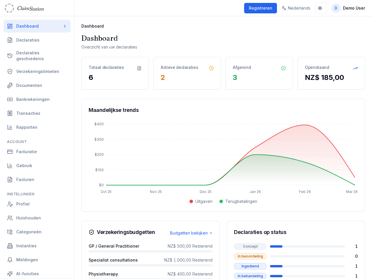 ClaimStation-dashboard met overzicht van claims